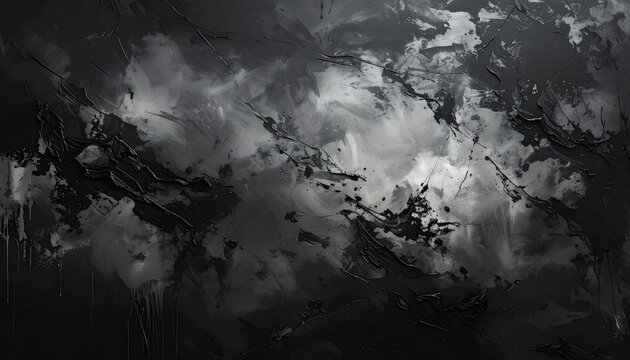Abstract, monochromatic painting featuring swirling greys, blacks, and whites, evoking a sense of depth and texture