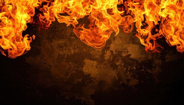 Intense, warm fire burns at the top of a dark, textured, and earthy canvas with orange & yellow flames