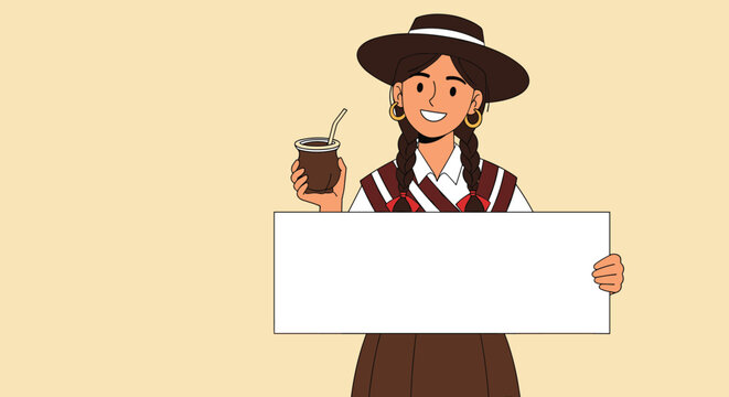 Peruvian girl in traditional clothing holding a cup of mate drink and a blank white banner with copy space.