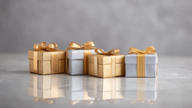 Elegantly wrapped gold and white gift boxes with shiny satin ribbons arranged on reflective surface against soft gray background for luxury celebration and event