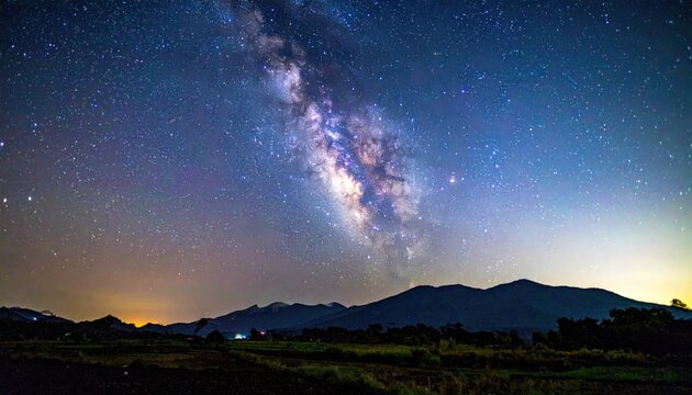 A vibrant Milky Way arches over dark hills, showcasing a beautiful starry night sky