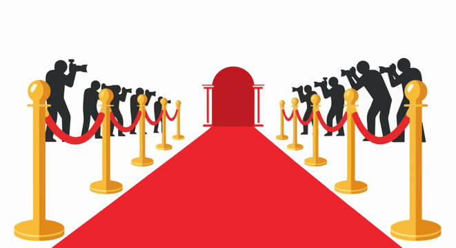 Silhouetted photographers line a red carpet and stanchions leading to an arched doorway