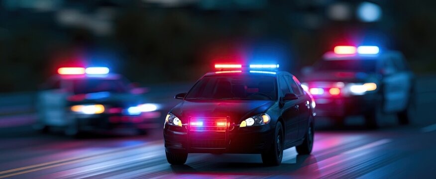 Nighttime urban streets illuminated by flashing lights of police sedan and SUV rushing to an emergency.