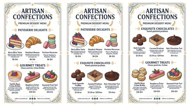 Elegant patisserie menu with hand drawn sweets and chocolates
