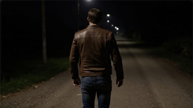 A man in a leather jacket and jeans walks alone down a dark street at night, creating an atmosphere of suspense and mystery.
