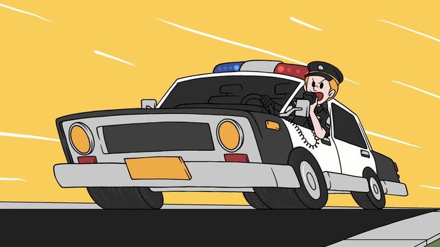 Cartoon Police Officer Driving Police Car Fast While Using Walkie Talkie Looping Animation