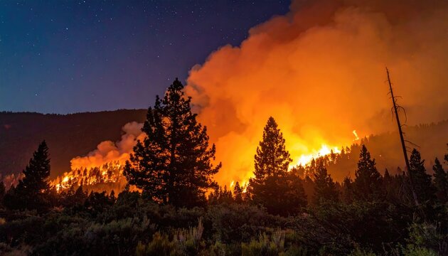 Blazing wildfire rages across a forested hillside at night, smoke billowing into the starry sky, silhouetting tall trees