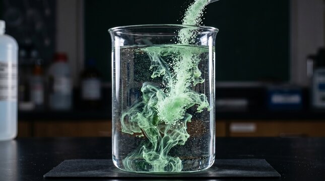Ferrous Sulfate Powder Dissolving in Water Creating Green Swirling Plume in Beaker