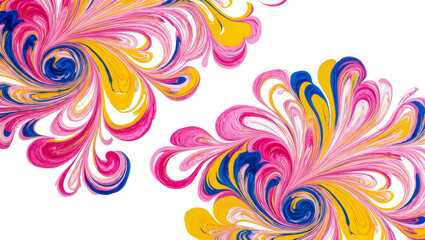 Fototapeta premium Isolated abstract fluid art, vibrant pink yellow blue swirling paint patterns, decorative dynamic texture