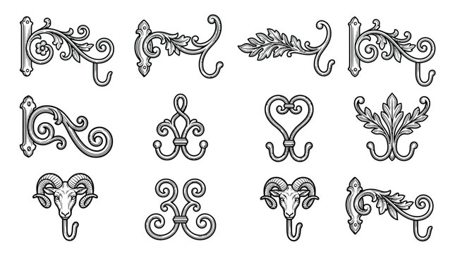 Set of Decorative Vintage Ornate Metal Wall Hooks and Victorian Hangers in Engraved Style