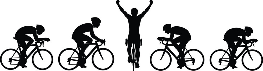Fototapeta premium Vector illustration set of five cyclist silhouettes on racing bicycles with winner victory pose for sports, competition, and design projects