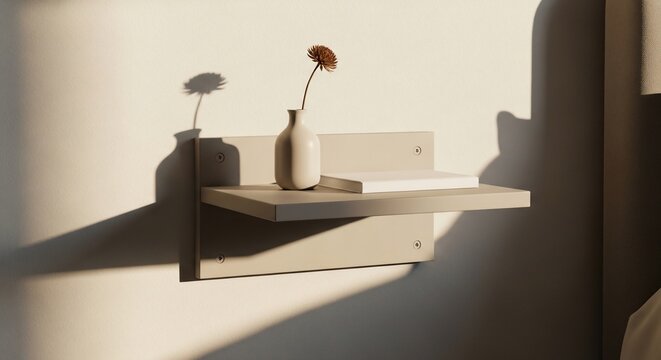 Minimalist Floating Wall Shelf with Vase and Book in Warm Sunlight.