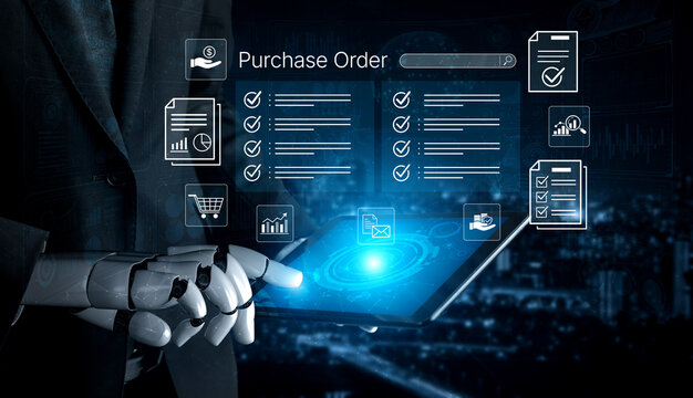 Robotic Hand Holding Tablet with Purchase Order and Digital Icons Representing Technology and Business Management in a Futuristic Setting. Bitwise.
