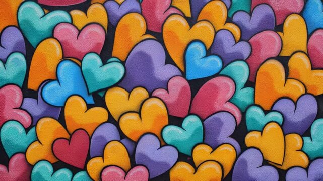 Colorful heart shape pattern painted on a wall with vibrant pink, orange, blue, purple, and teal hues creating artistic urban street art background for love theme