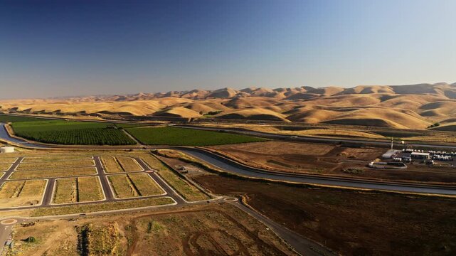 Aerial shot of one of the aqueducts running through California's Central Valley that supplies water to Los Angeles and Southern California and San Diego
