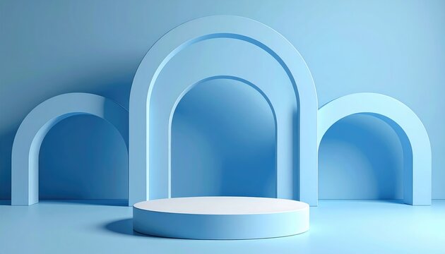 Soft blue podium stage with three arches, simple pastel design for display or presentation backdrop
