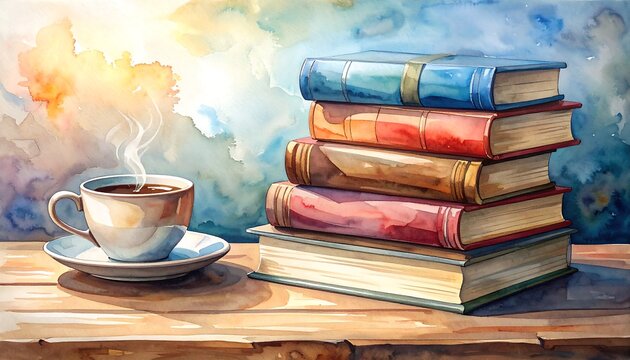 Watercolor illustration depicts a steaming coffee cup beside a stack of colorful books, bathed in warm sunlight. The books rest on a wooden surface