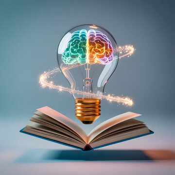 Colorful glowing brain inside a lightbulb floating over an open book with magical sparkles, symbol of creative thinking and imagination