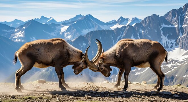 Two alpine ibex males engage in a dominance display in a rugged mountain landscape