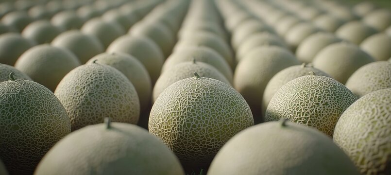 A Large Field Of Freshly Harvested Ripe Honeydew Melons With Textured Skins In A Grid Formation.