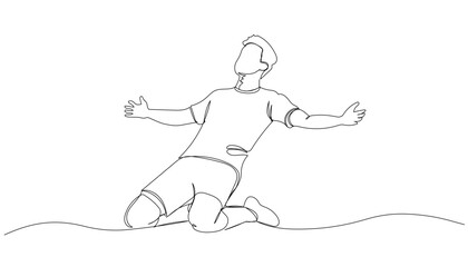 Fototapeta premium Continuous one line drawing of a young soccer player sliding on the field with arms spread in celebration after scoring a goal. Minimalist vector illustration concept.