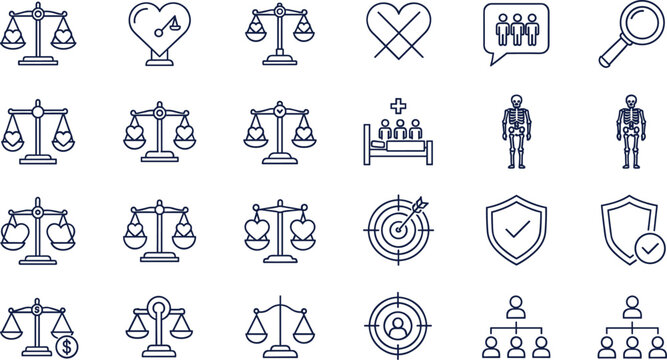 Vector illustration set of twenty ethics and justice icons including scales, hearts, shields, skeletons, hospital, and organizational charts for design projects