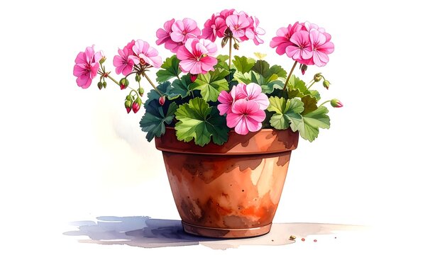 Watercolor illustration of a potted geranium plant with vibrant pink flowers, green leaves, and a terracotta pot
