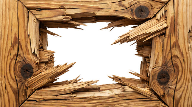 Authentic distressed wooden frame with jagged broken pieces, weathered wood with knot details and transparent background for creative projects.