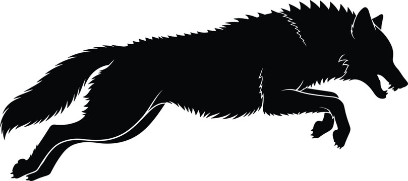 Wolf silhouette vector illustration showing dynamic leaping pose with jagged fur edges, aggressive motion, and powerful animal design for wildlife and graphic projects