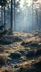 Obraz premium Soft Spring Morning Sunlight Beaming Through Misty Trees in a Quiet Deciduous Woodland Landscape