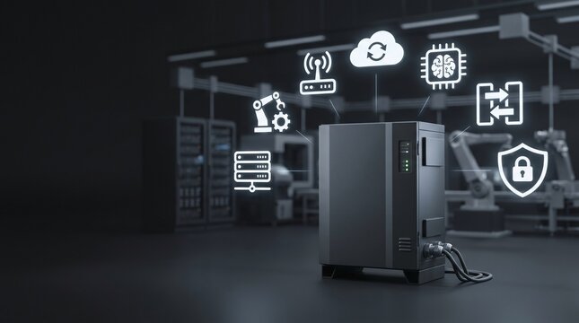 Edge Computing Server in Smart Factory with Industrial Automation Icons