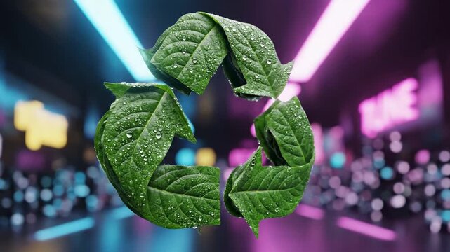 Green leaves recycle symbol with water drops against a blurred futuristic cityscape background, symbolizing eco-friendly technology and sustainability