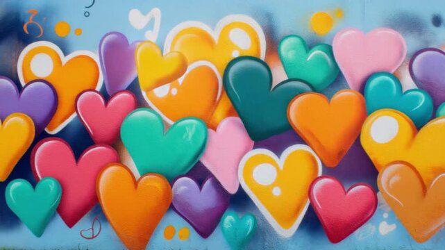 Colorful heart shapes painted with bright and vibrant shades on a smooth wall background creating an abstract, lively and festive atmosphere in urban art style
