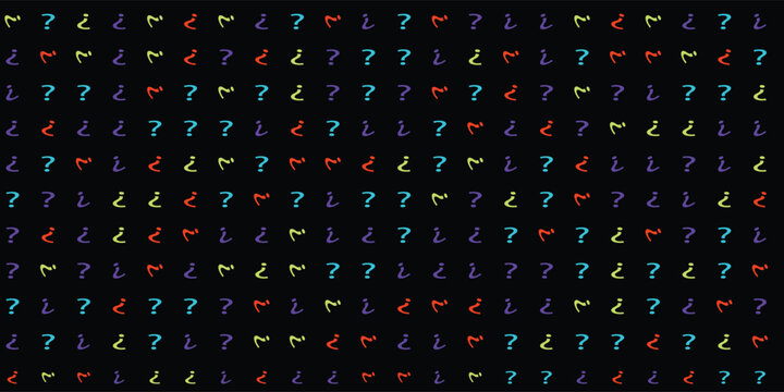 Question marks scattered on black background. Quiz, doubt, poll, survey, faq, interrogation, query background. Multicolored template for opinion poll, public poll. Rainbow color. Vector illustration.