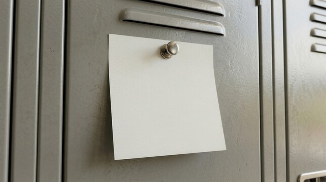 Blank White Paper Note Pinned to a Gray Metal Locker Door