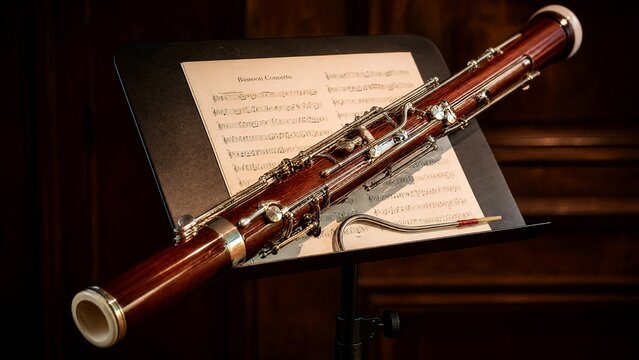 A polished bassoon resting on a music stand with a dark wood background.