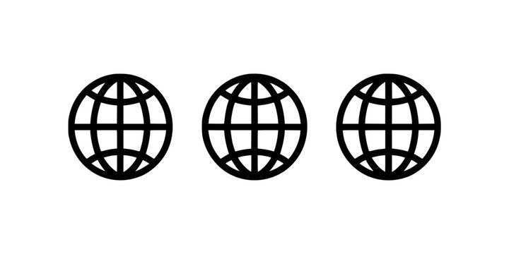 Globe Icons with Black Outlines on a White Background, Representing Earth with Meridians and the Equator.