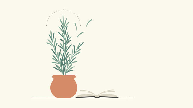 Rosemary plant in a terracotta pot next to an open book &ndash; Great for study guide covers, cognitive health articles, or culinary herb branding.
