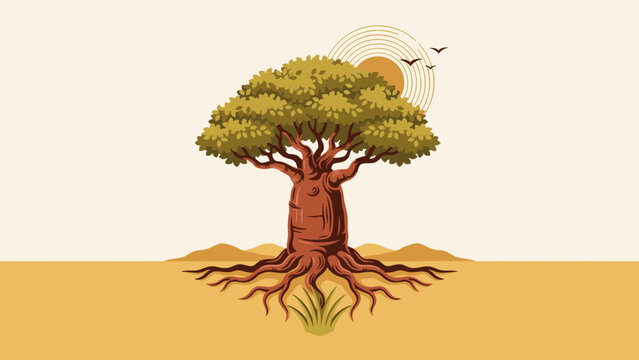 Monumental baobab tree with deep roots and a broad canopy &ndash; Great for African tourism promotions, legacy planning services, or corporate strength graphics.