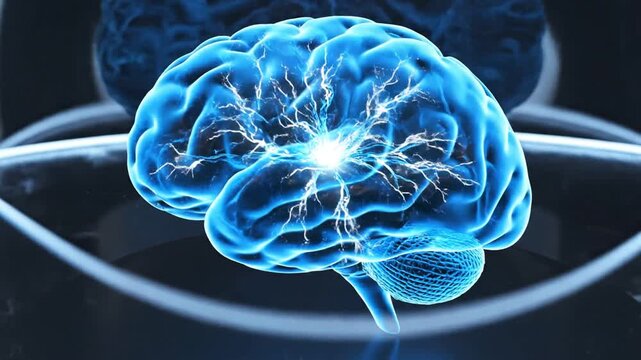 Glowing blue human brain inside a glass dome on a pedestal in a futuristic laboratory setting