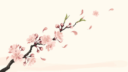 Fototapeta premium Minimalist sakura branch on a warm ivory field – Suitable for elegant textile patterns, mindfulness app backgrounds, or Asian culture blogs.
