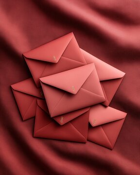Stack of red envelopes with golden symbols on soft red fabric background
