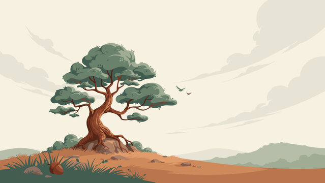 Solitary oak tree on a windswept hill with gliding birds &ndash; Ideal for historical biography covers, stability-themed branding, or nature prints.