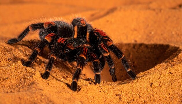 Mexican Redknee Tarantula Emerging from Sandy Burrow in Natural Habitat