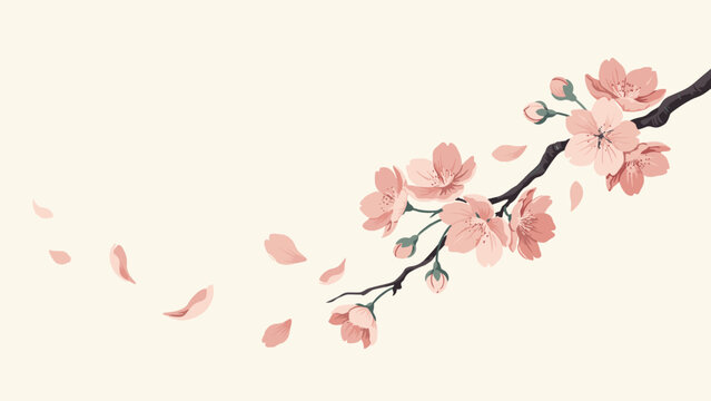 Cherry blossom branch arcing with drifting pink petals &ndash; Great for spring festival invitations, Japanese restaurant menus, or poetry journals.