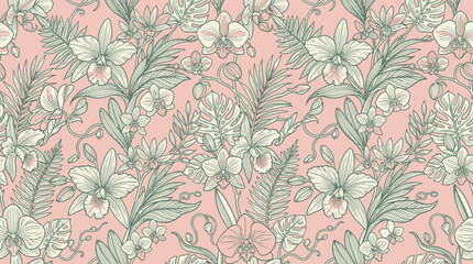 Elegant Tropical Floral Pattern with Orchids and Leaves on Pink Background © Arjuno