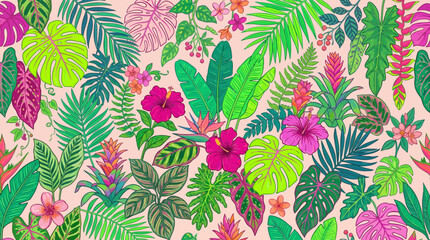 Vibrant Tropical Foliage Pattern with Exotic Flowers © Arjuno