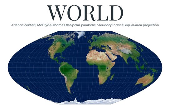World Map. McBryde-Thomas flat-polar parabolic pseudocylindrical equal-area projection. High detail physical map of the Earth. Atlantic-centered view with balanced global statistics.