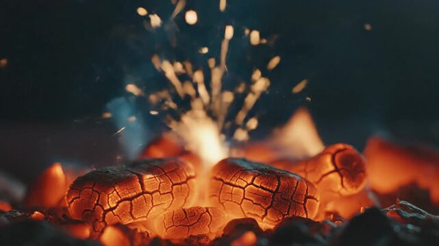 Glowing charcoal briquettes with bright sparks exploding upwards in a cinematic close up view