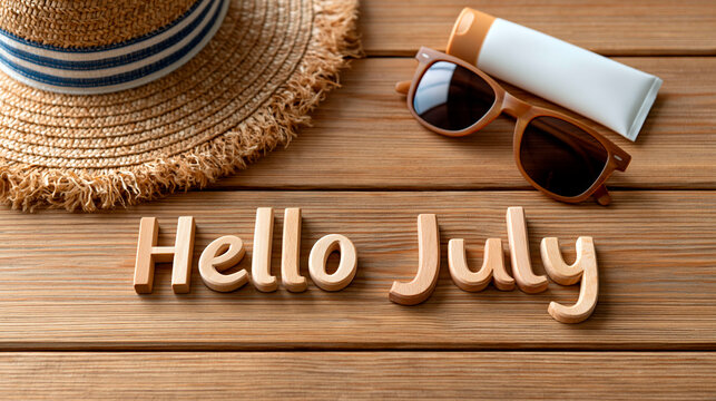 Summer beach accessories with straw hat sunglasses and sunscreen on wooden background celebrating hello july seasonal vacation concept
